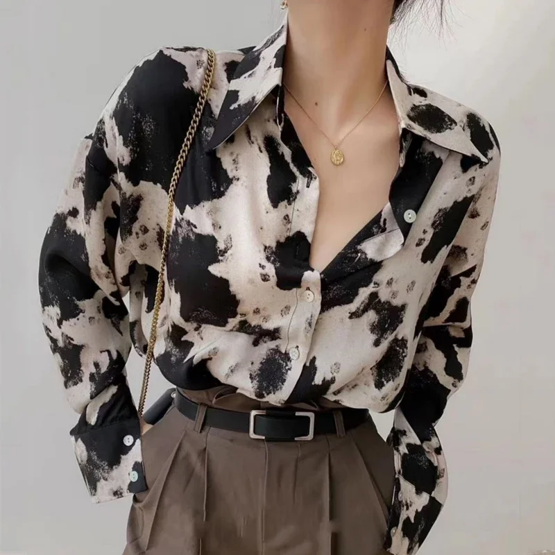 Spring Cow Print Button Up Shirts Women Long Sleeve Blouse Korean Fashion Women Loose Clothes Chiffon Shirt Streetwear Tops New