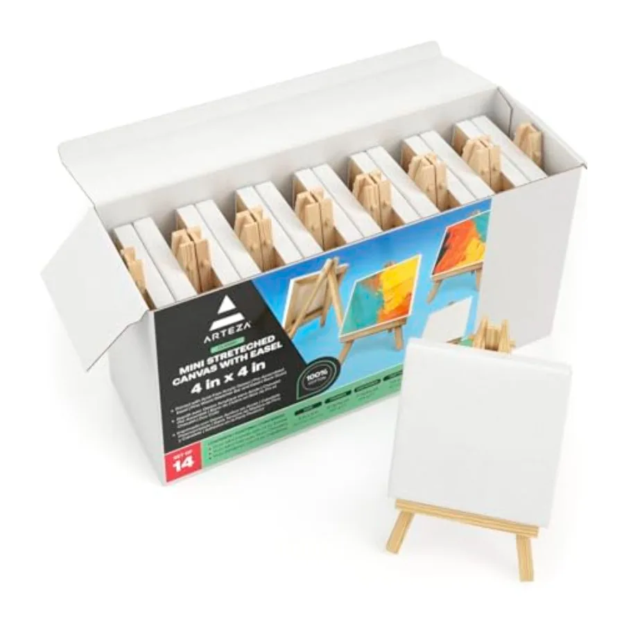 

Small Canvases with Easels, 4 x 4 Inch, Pack of 14, Blank Stretched Canvas for Acrylic, Oil and Gouache Painting