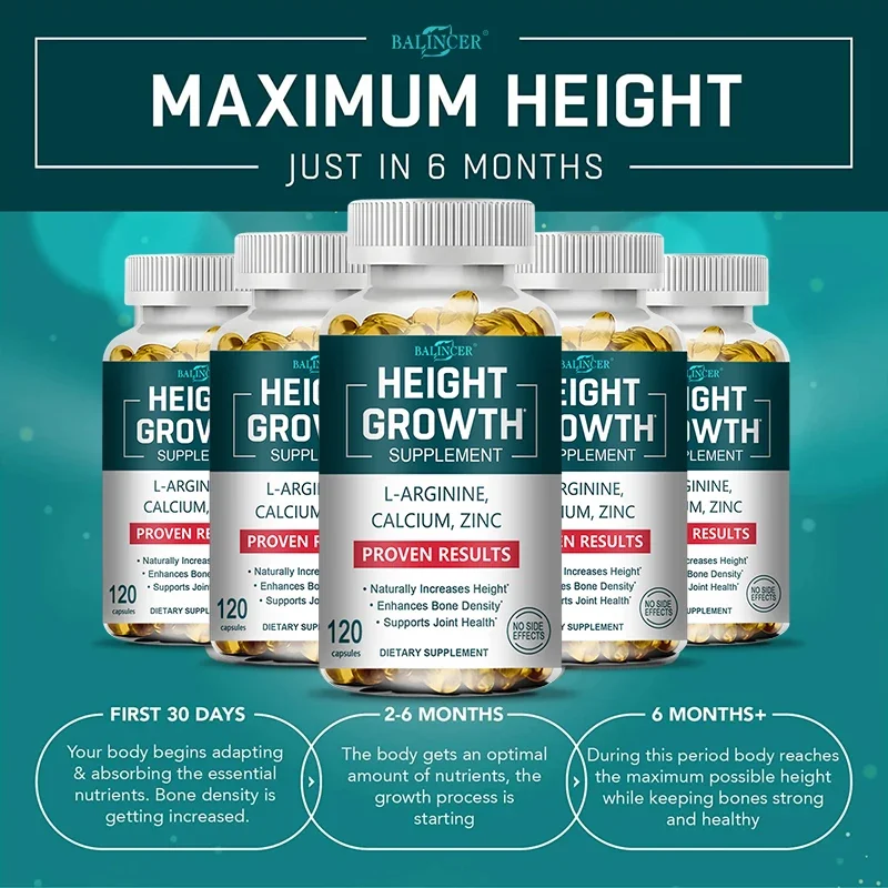 Height Booster Growth Calcium, Vitamin D3 & Zinc Blend - For Kids, Teens & Adults Promotes Healthy Bone Growth & Joint Health