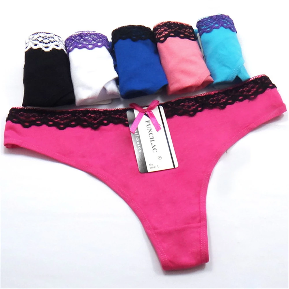 Women's G String Sexy Cotton Panties Black White Lace Thong Lady Knickers T-back Woman Underwear Underpants 5 Pcs/lot