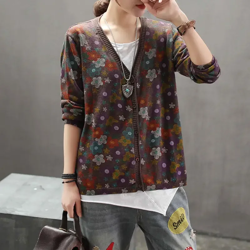 Vintage Loose Sweaters Coat Spring Autumn Long Sleeve V-Neck Women Clothing Jacquard Floral Graphic Casual Knitted Cardigans Top - view 2