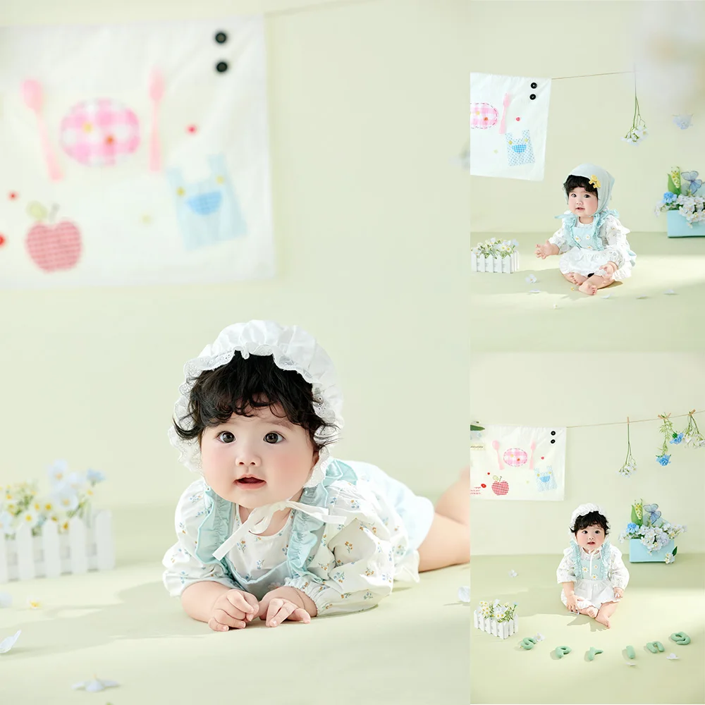 Pretty 100 Days Baby Girl Photography Outfit Sweet Floral Dresses+bonnet Set Decorative Props for Infant Milestone Photo Session