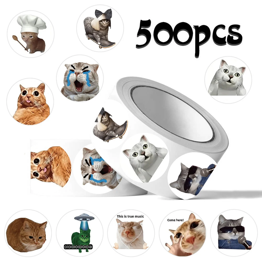 500pcs/Roll Cute Cat MEME Stickers Kawaii Animal Graffiti Decals DIY Scrapbook Luggage Suitcase Funny Sealing Label Sticker Pack