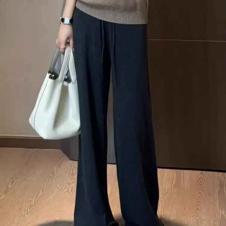 2024 Korean Version of Niche Comfort Wool Dark Gray Elastic Waist Knitted Casual Pants