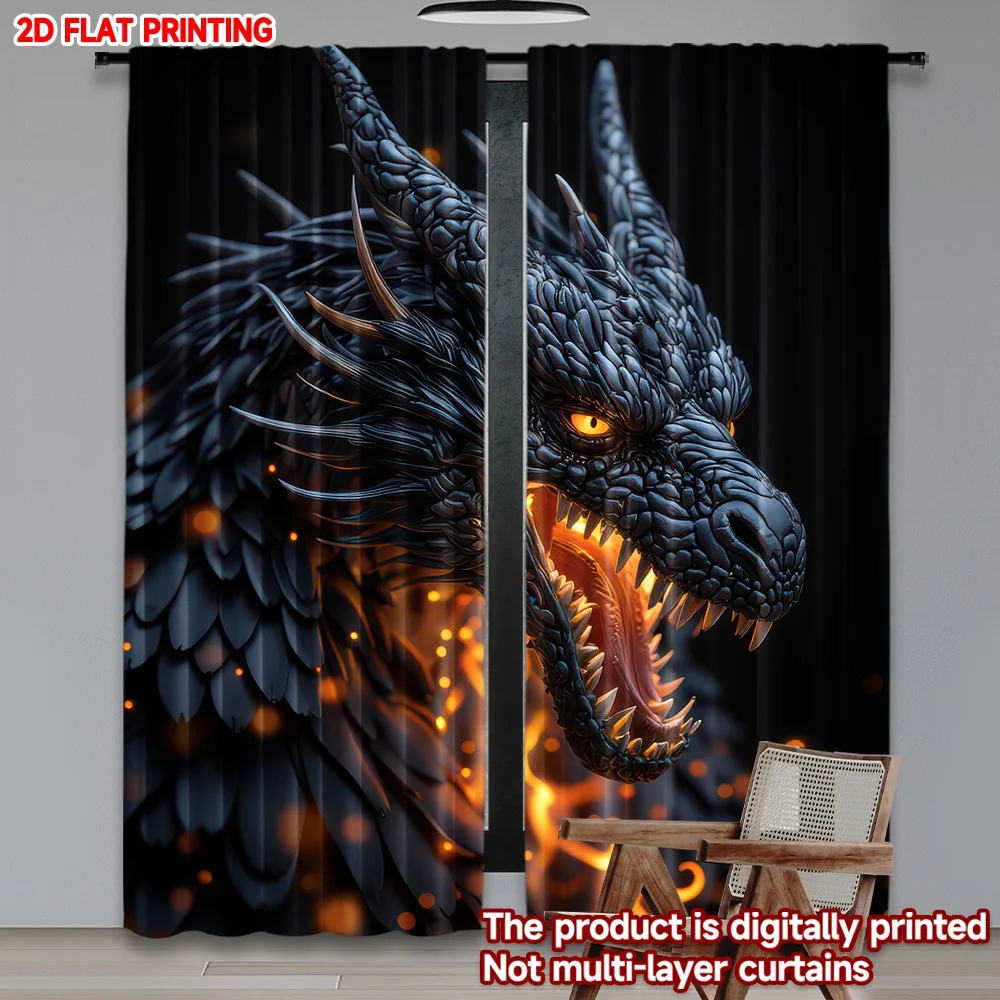 

2D flat printing 2pcs Drapes Fiery Black Dragon Digital Printed Polyester Drapes Seasonal Party & Holiday Decor Perfect for