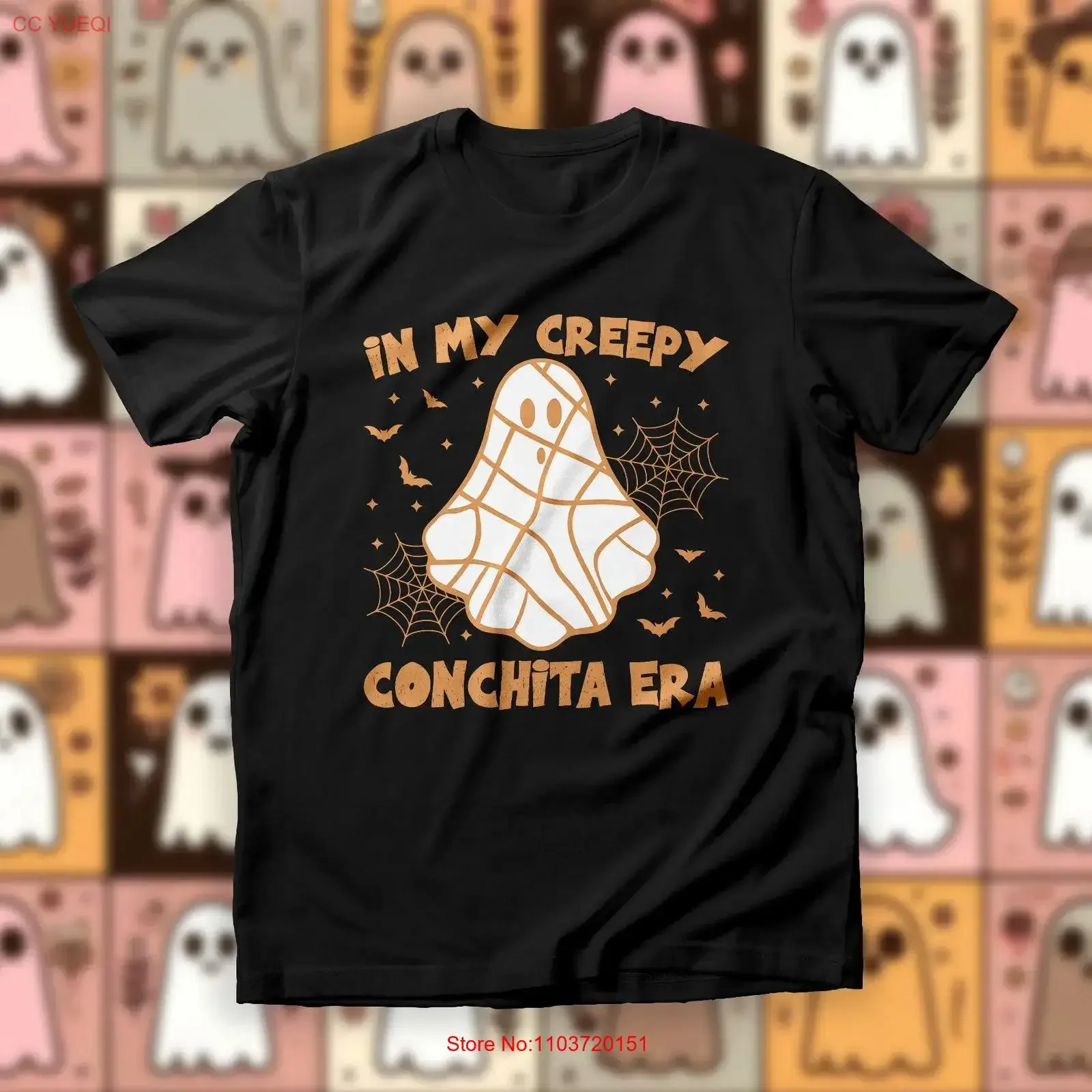 Camiseta vintage lavada de moda con diseño de Concha fantasma linda, para amantes del Pan Dulce, estilo Halloween Mexicano Día de Muertos, de la colección In My Creepy Conchita Era