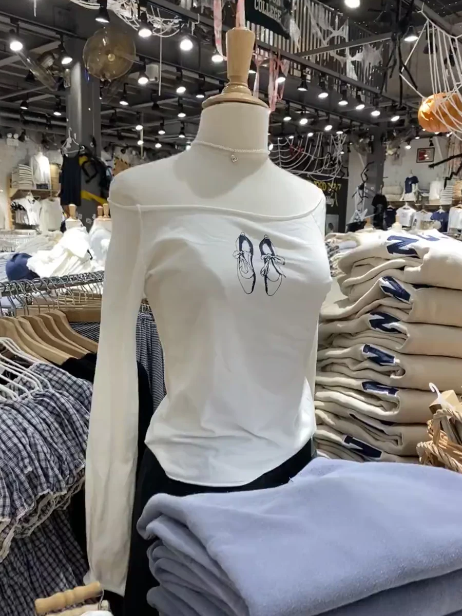 

Raw Hem Ballet Shoes Long Sleeve T-shirt Women Autumn Scoop Neck White Cotton Slim T-shirts Sweet Cute Casual Crop Tops Y2k New