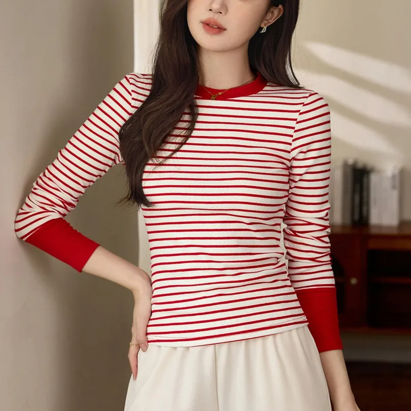 

Premium Contrasting Striped T-shirt Women's Long-sleeved 2025 Autumn and Winter New Foreign-style Pure Cotton Bottoming Shirt