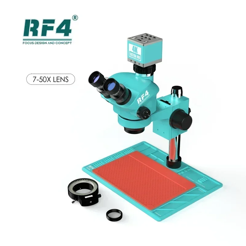 NEW RF4 RF7050-PO4-4K Industrial Microscope 7-50X Continuous Focus Magnification with PO-4 Aluminum Alloy Base and 4K Camera