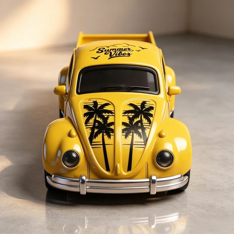 Modèle de voiture rétro d'été, jouet de collection avec motif de palmier, décoration de bureau, cadeau pour les amateurs de loisirs.