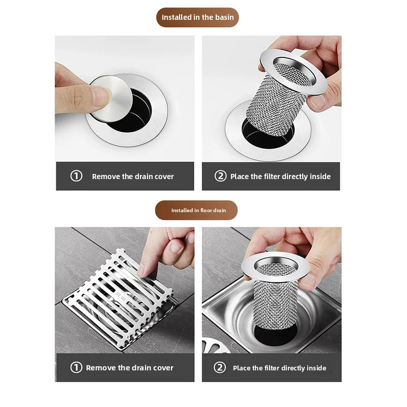 فلتر تصريف الحوض - 4 مقاسات (صغير/كبير، قصير/طويل) مصفاة شبكية من الفولاذ المقاوم للصدأ، حوض مضاد للانسداد/استنزاف الأرضية، Univer #6