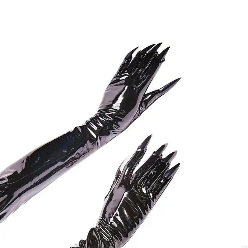 Enamel Leather Long Nails Gloves for Female Party Wear Halloween Witch Costume Gloves for Evening Galas and Masquerades