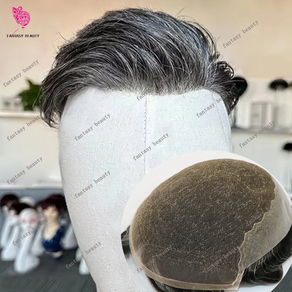 

Дышащий парик Q6 из натуральных человеческих волос 1B80 1B50, серо-черный, для мужчин, с естественной линией роста волос, отбеленными узлами, швейцарским кружевом, капиллярный протез