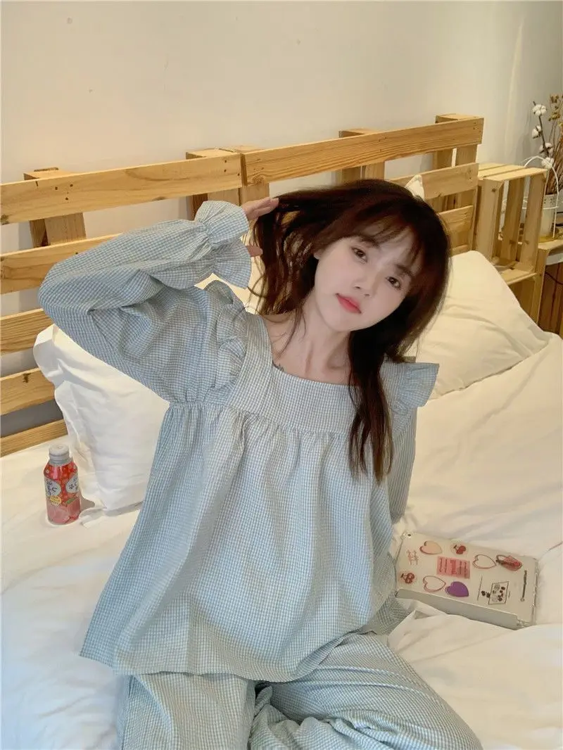 New Pajamas Female Korean Set Korean Pajamas Homewear Sweet Ins Wind Princess Style Ruffled Long-Sleeved Casual Homewear Set