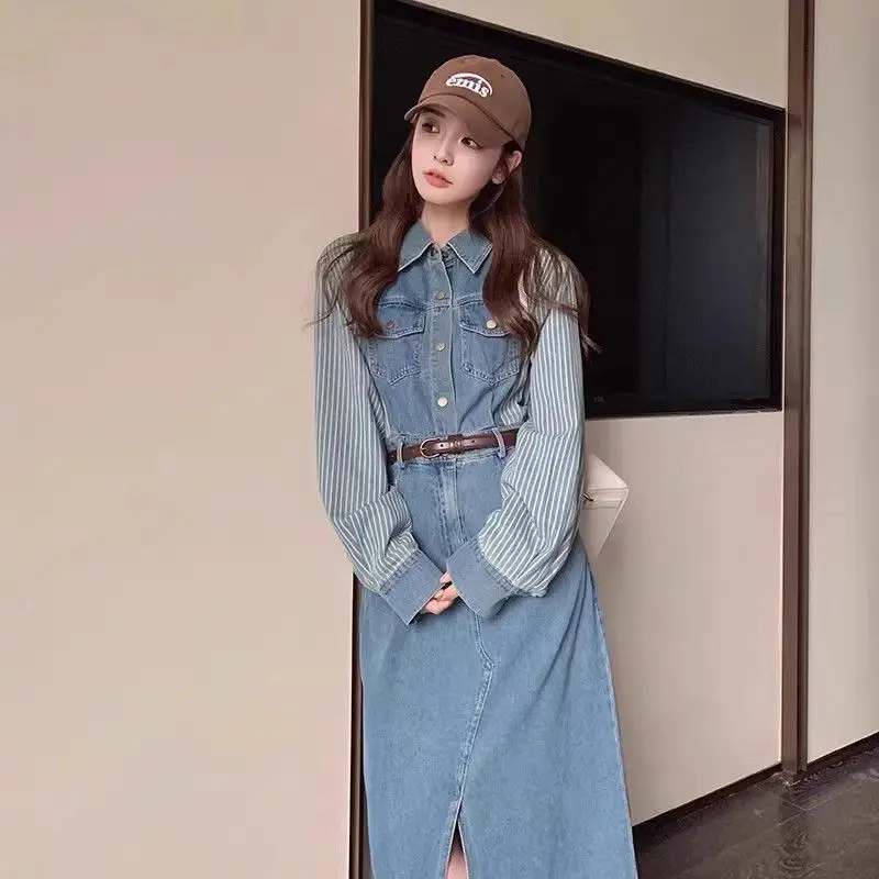 

Korean Style Striped Spliced ​​Denim Dress Women Spring Autumn 2025 New Design Niche Waist-Hugging Slim Shirt Skirt
