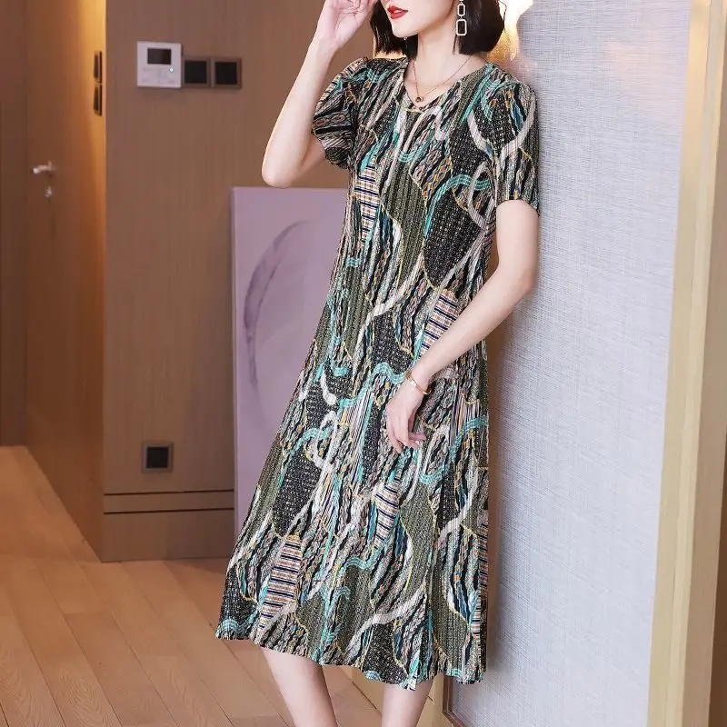 French retro print pleated dress showing thin temperament pleated skirt evening dresses LOOSE FIT