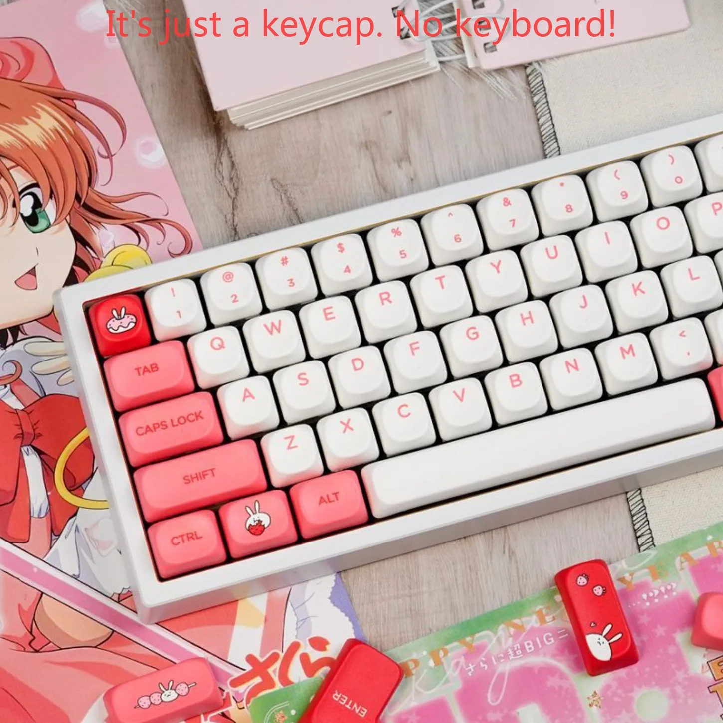 Cute Pink Raspberry Rabbit MOA Key Cap Kit PBT 129 Key Compatible with 60/64/84/98/108 Mechanical Keyboard
