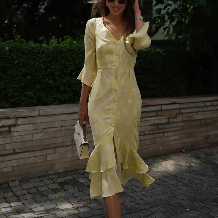 Ele hoge taille bloemenprint Dr Dames V-ne Bell Sve lange rok Zomerseizoen Basic Sle Single Piece