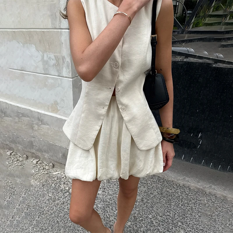 Women's Sleeveless Vest and Mini Skirt Set - Solid Color Suit