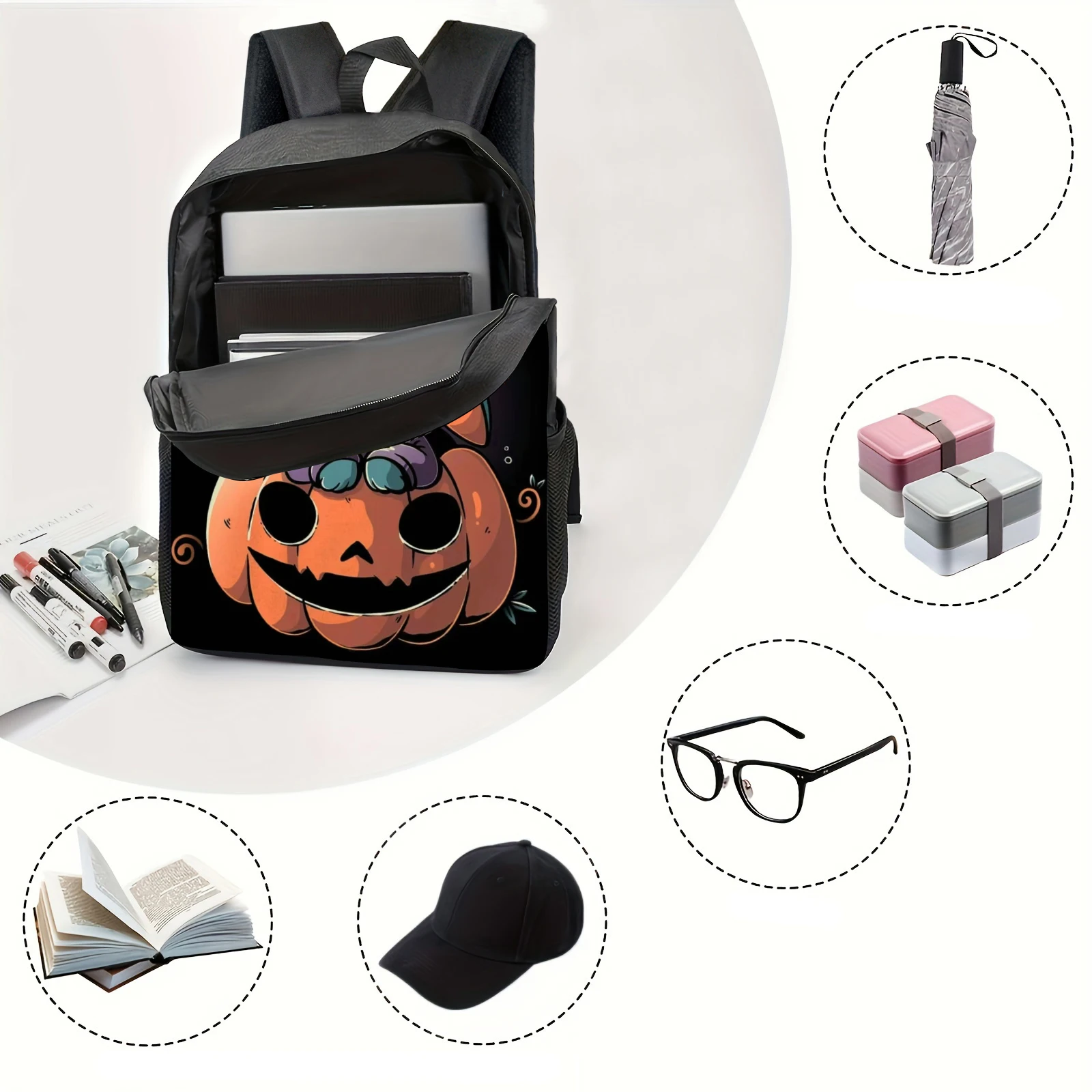 1pc Halloween themed pumpkin Stitch printed backpack with a witch hat and student backpack, suitable for travel, daily commuting