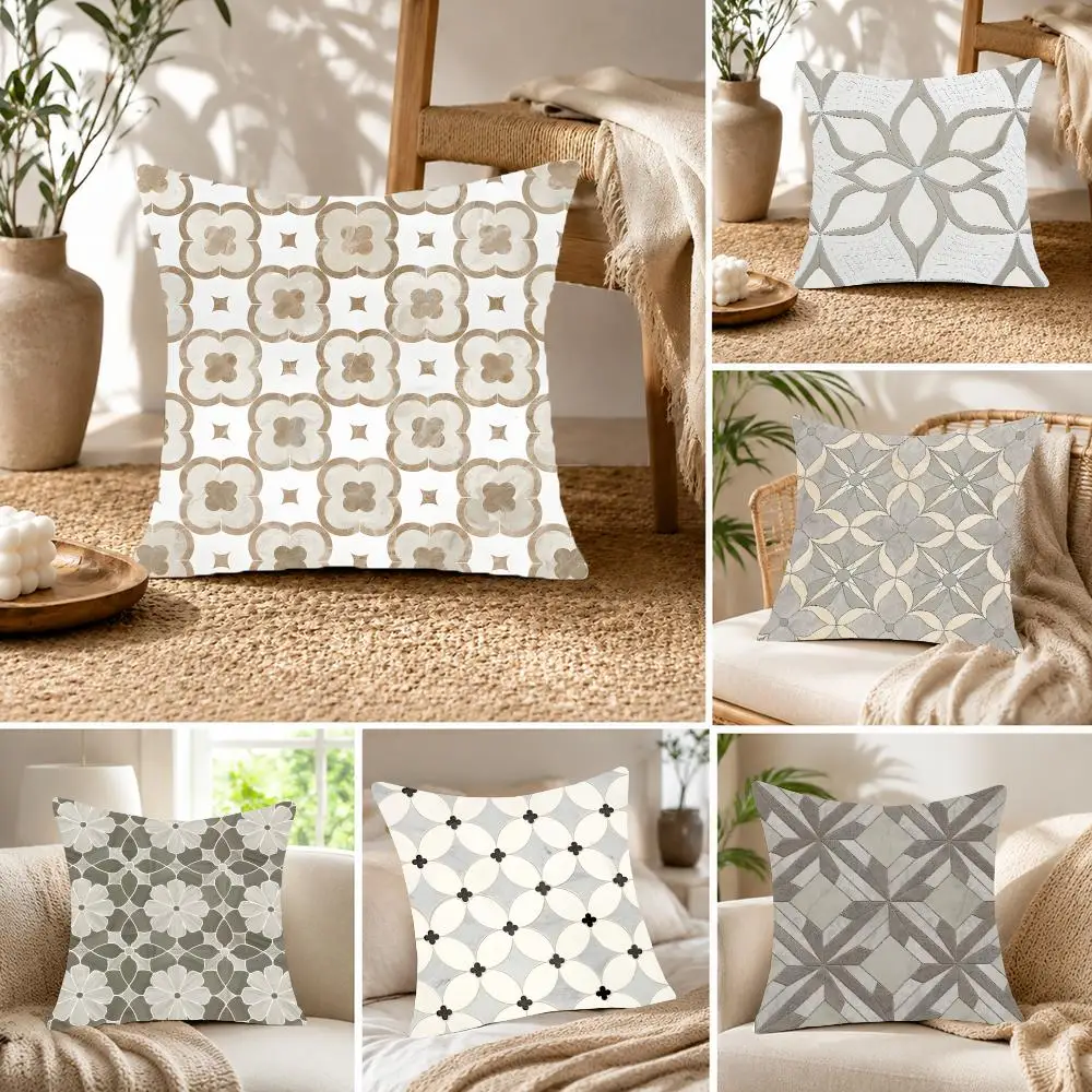 Vintage decor Retro geometric floor tiles Cushion Cover Fluffy velvet Nordic style plush Living room sofa decorative