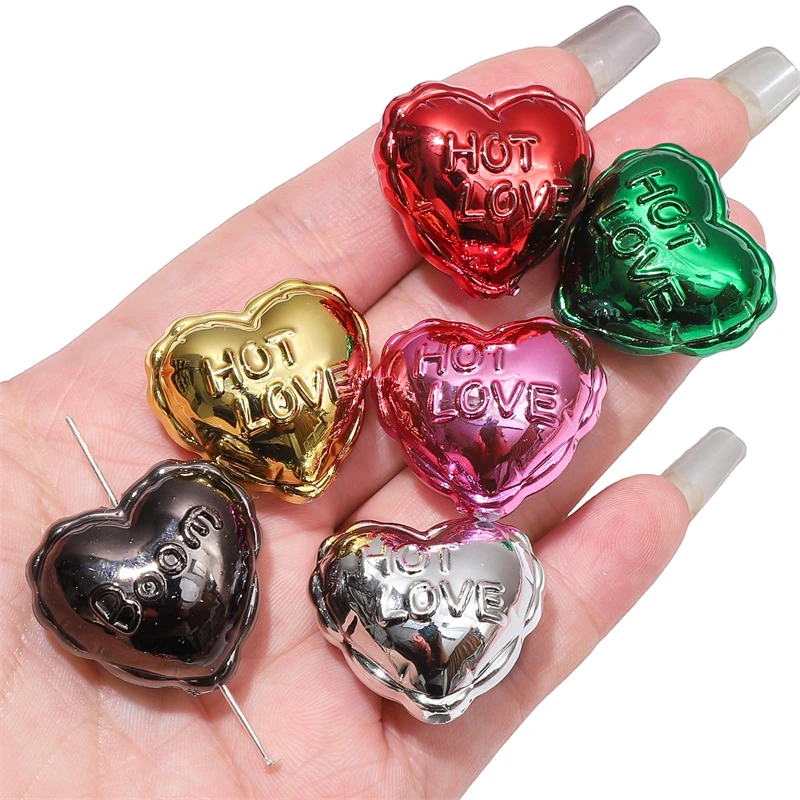 2pcs 25mm Metallic Acrylic Lovely Heart Beads Charm Loose Beads for Bracelet Keychain DIY Jewerly Craft Making