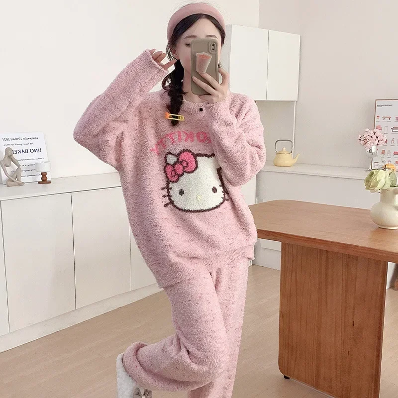 Cartoon Hello Kitty Pyjamas Winter Strickpullover Pullover Zweiteiliges Set Sanrio Baumwolle Hello Kitty Loungewear Damen Pyjamas