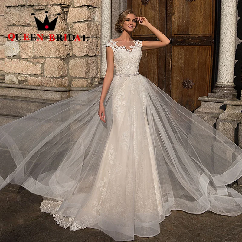 Charmante Appliques dentelle robes De mariée Cap manches col en V sirène longueur De plancher robes De mariée Vestido De Noiva personnalisé S66Y