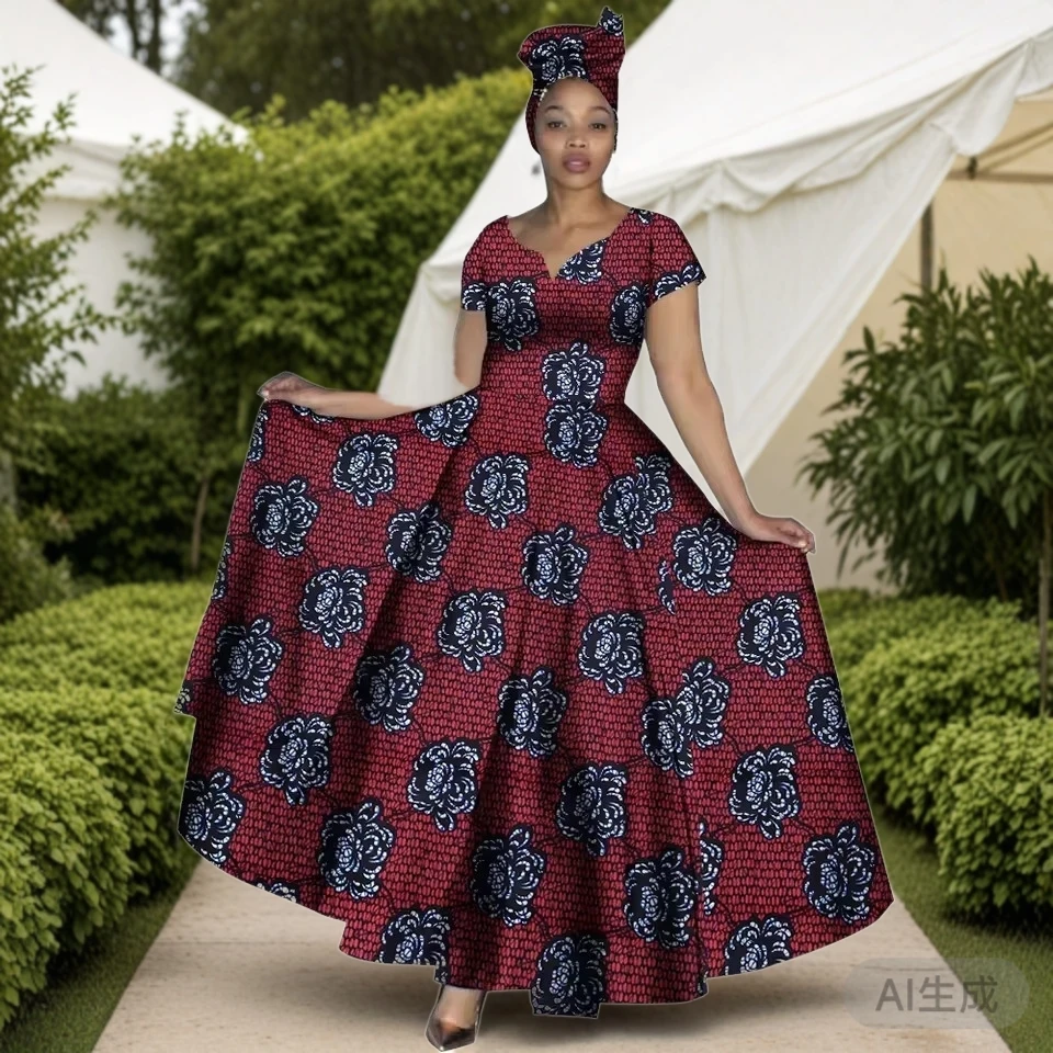 

Распродажа!!! Африканские платья Анкара с принтом и v-образным вырезом, длинные платья Maix с шарфом на голову, Дашики, женские наряды, вечерние, новогодняя одежда