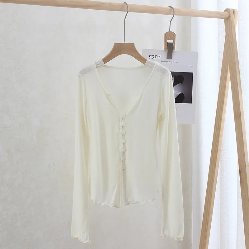 New Women's Knitted Long Sleeve V-Neck Slim Fit Ant Waist Top Pink Sweet Style Cardigan Ultra Thin Single Piece Autumn Wear