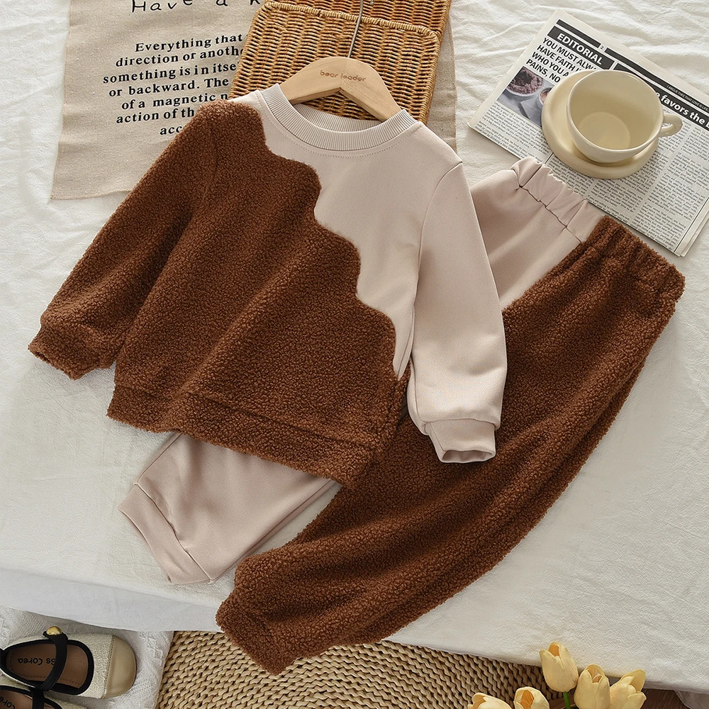 

Autumn Winter Fashion Color Blocked Girls' Clothes Coffee Color Spliced Long Sleeved Top+Pants Korean Version New Children's Set