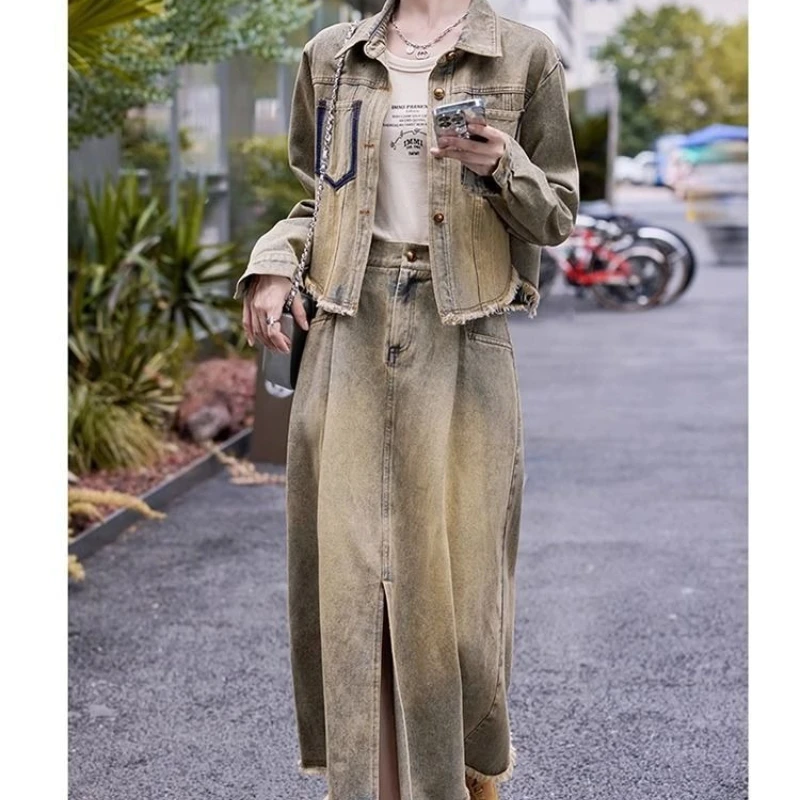 High end denim two-piece set women's spring and autumn new retro lapel collar short style denim jacket+temperament half skirt