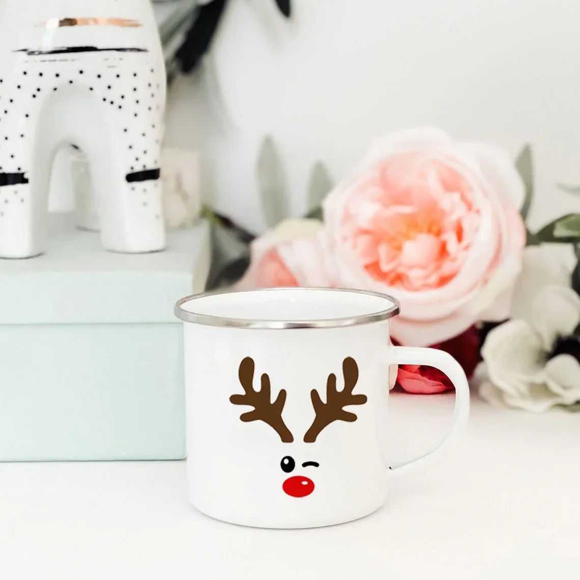 Christmas Deer Mug Family Matching  Enamel Coffee Mugs with Handle Breakfast Dessert Milk Water Cups Hubby Wife Valentine Gifts