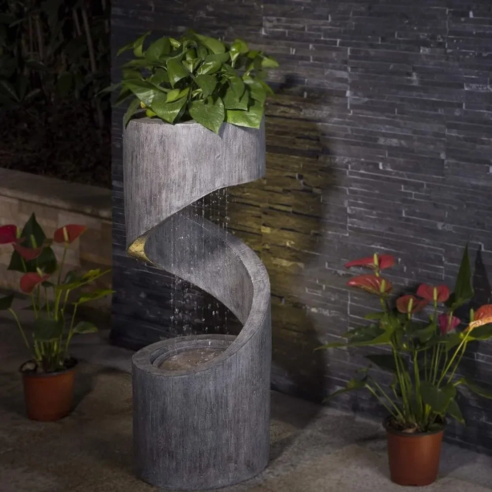 For Outdoor Fountains  Water   LED Light, Curved Waterfall Stone Planter, Water  Garden Waterfall, 31.3”HFountains