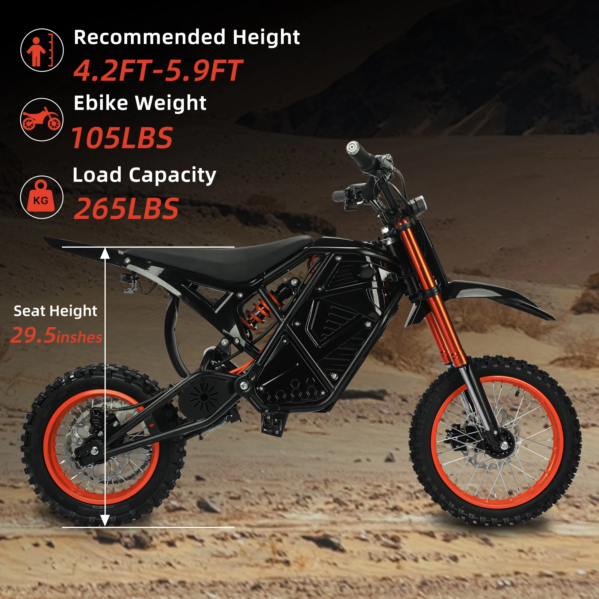 Black & Orange EDB001 3000W Peak Electric Dirt Bike 48V 23AH Battery 58km/h 50-60km Range Hydraulic Fork Nitrogen Shock 14/12 Inch Off-Road Motorcycle for Adults with Chain Drive Hydraulic Brake System