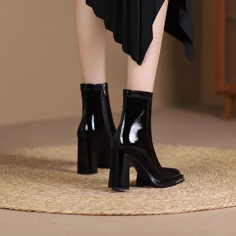 Luxury Women Boots Fashion Square Head Patent Leather Boots Side Zipper Ankle Boots for Women Suede Leather High Heel Boot Botas