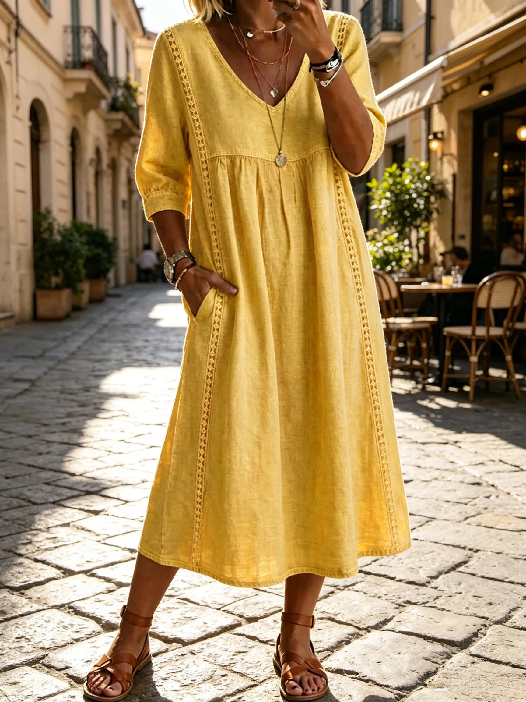 Image of Damen-Sommerkleid, lässig, locker, V-Ausschnitt, Spitzeneinsatz, Midikleid, einfarbig, Dreiviertelärmel, atmungsaktiv, Alltags- und Urlaubskleid