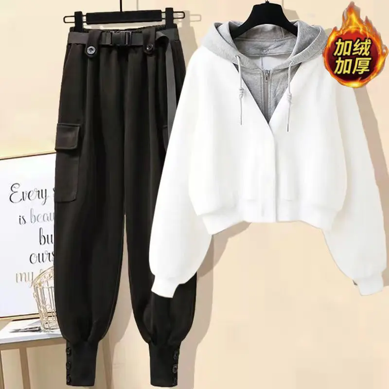 Autumn and Winter Collection with Plush and Thick Long Sleeved Hooded Jacket Work Pants Two-piece Set Women\'s Pants Set