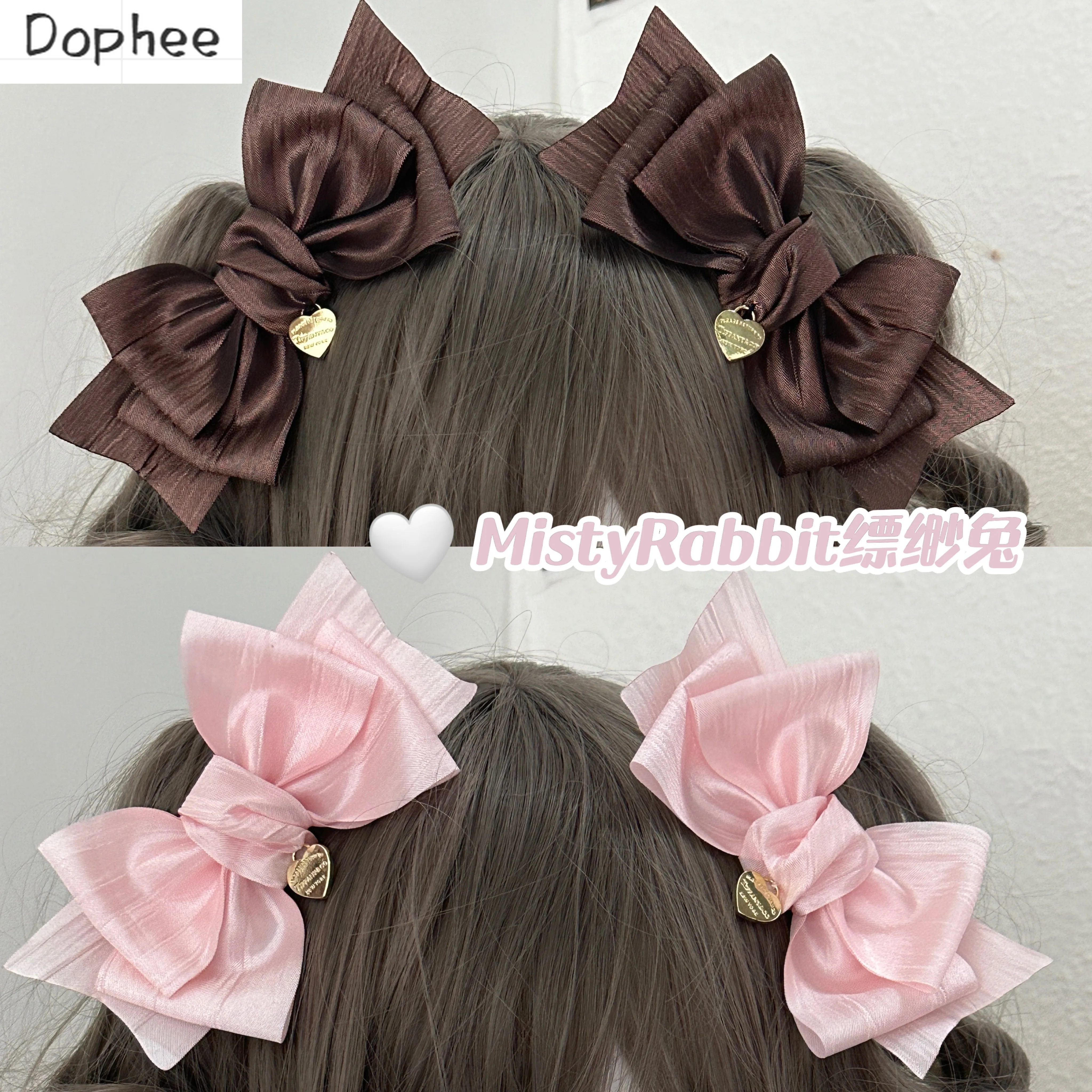 

Dophee Original Brown Pink Girl's Heart Bow Tie Hair Clip Lolita Edge Clip Cute Students Double Horsetail Headwear Hairbands