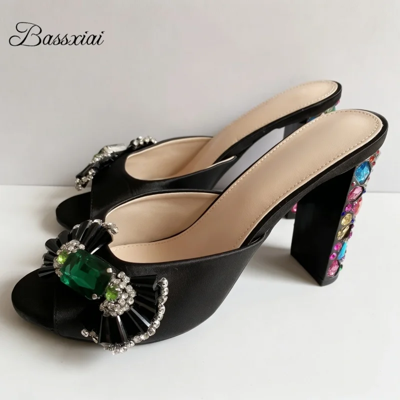 

Black Silk Slingbacks Outwear Mules For Girls Colorful Rhinestone High Heel Diamond Flower Decor Women Sandals Summer