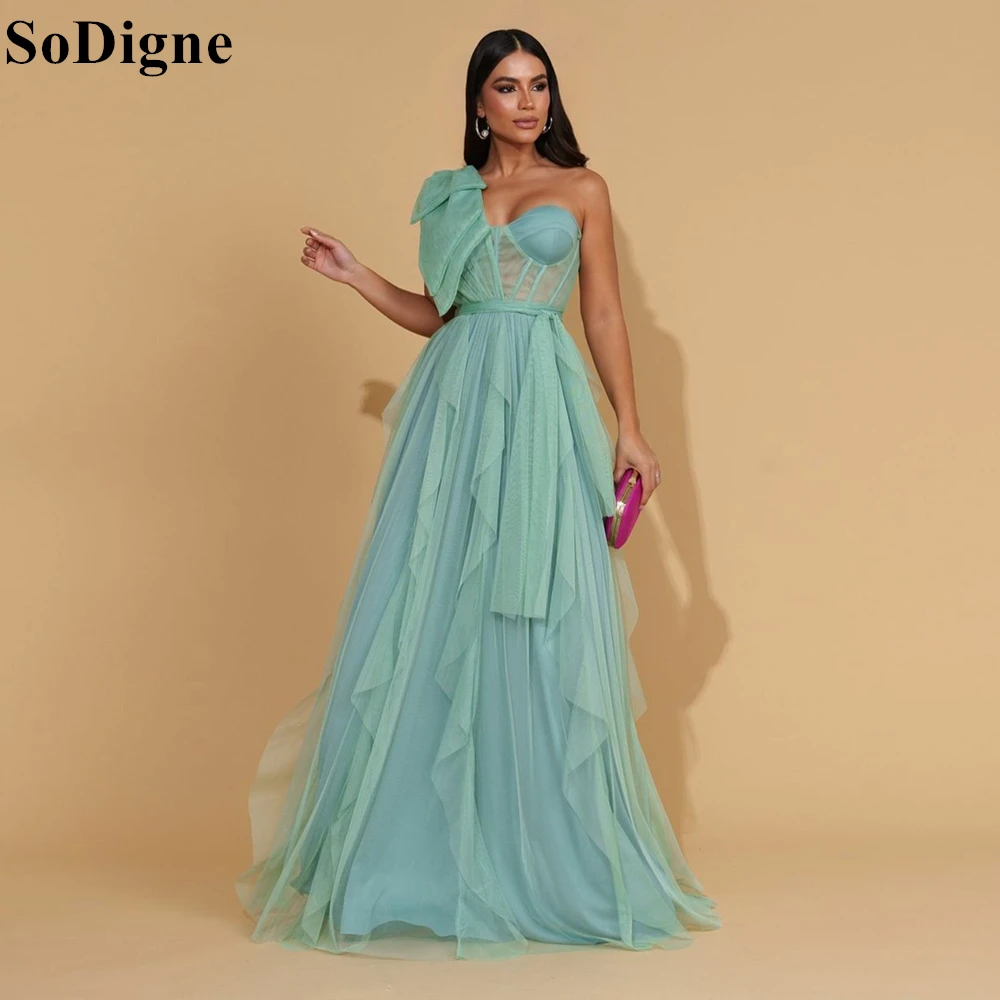 

SoDigne Elegant Mint Green Tulle Evening Dresses One Shoulder A-Line Ruched Pleated Party Dress 2024 Formal Prom Gowns for Women