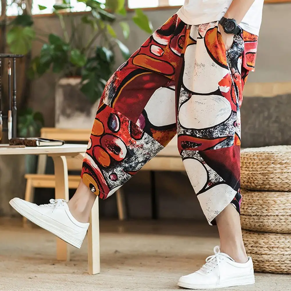 

Men Pants Stylish Breathable Retro Pants Summer Men Chinese Style Pattern Cropped Pants Daily Garment