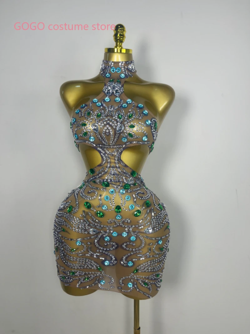 New Women Sexy Print Mesh Sheer Crystal Rhinestones Stage Costume Stage Dancer  Celebrity Night Club Mini Party Dress
