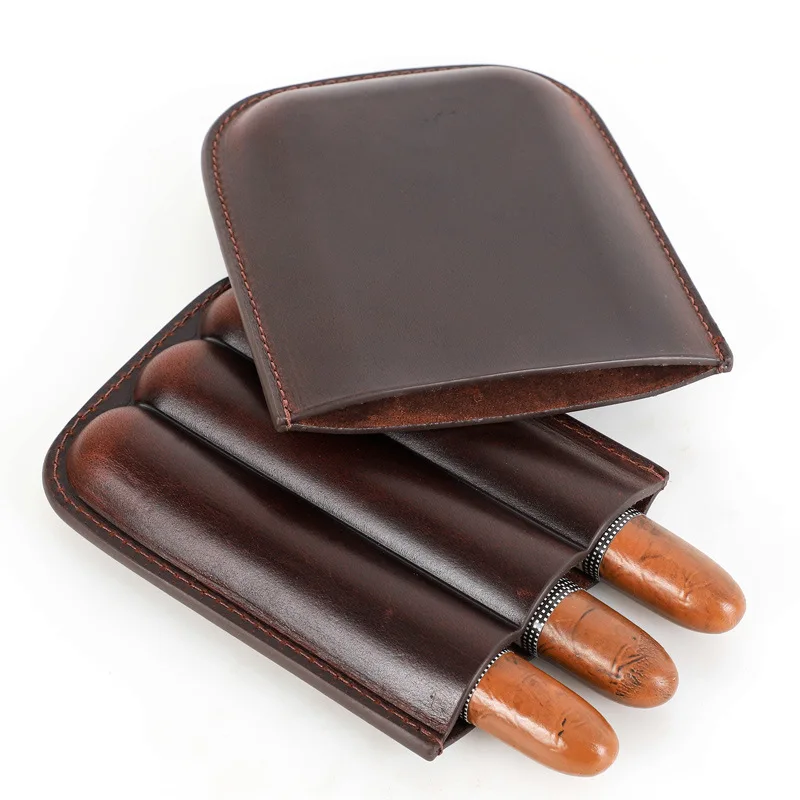 New genuine leather cigar case, three-pack, convenient travel cigar humidor, portable cigar case
