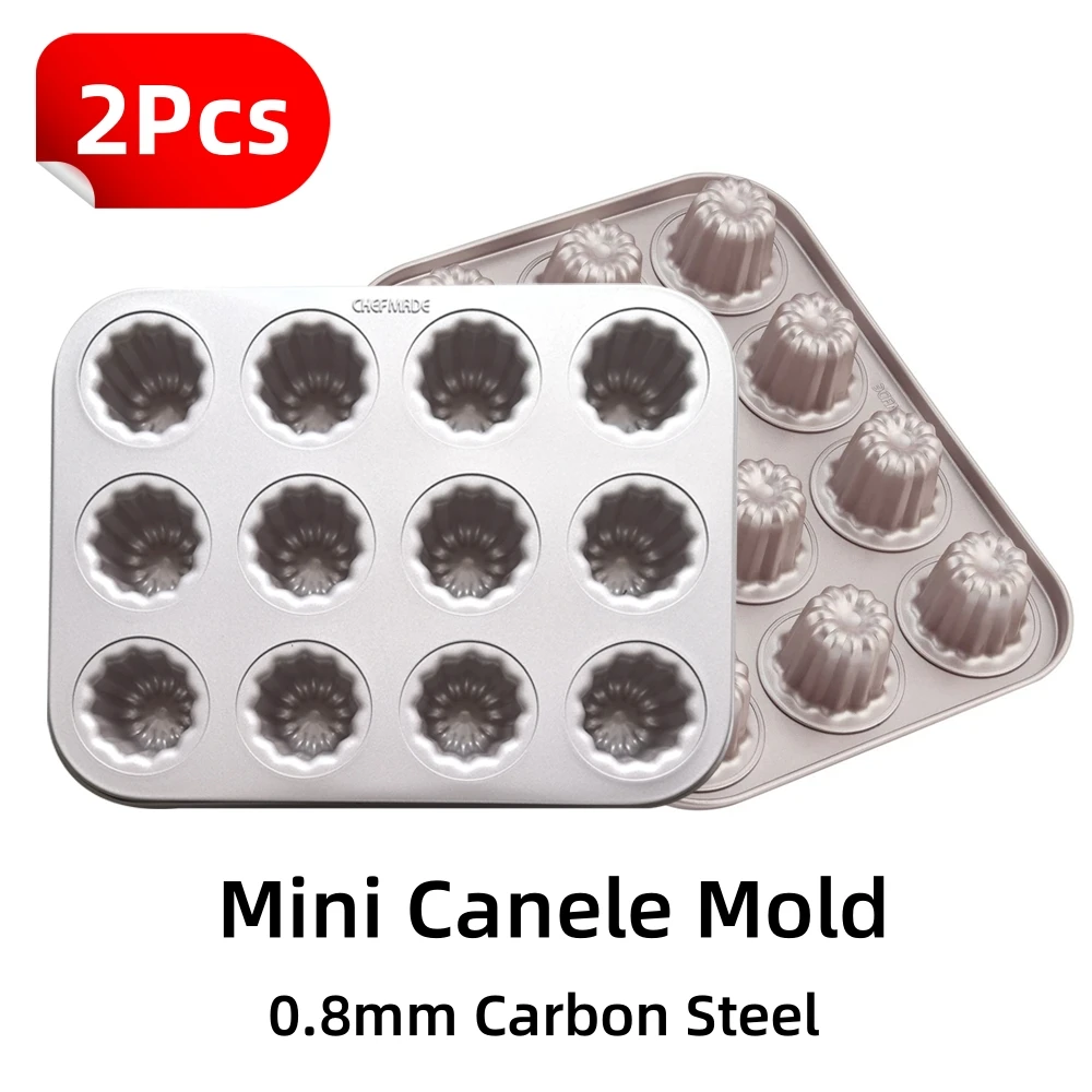 CHEFMADE 2Pcs Canele Molds Mini Canele Cake Pan Non-Stick Carbon Steel Muffin Bakeware Cupcake Fluted Oven Baking Pudding Molds