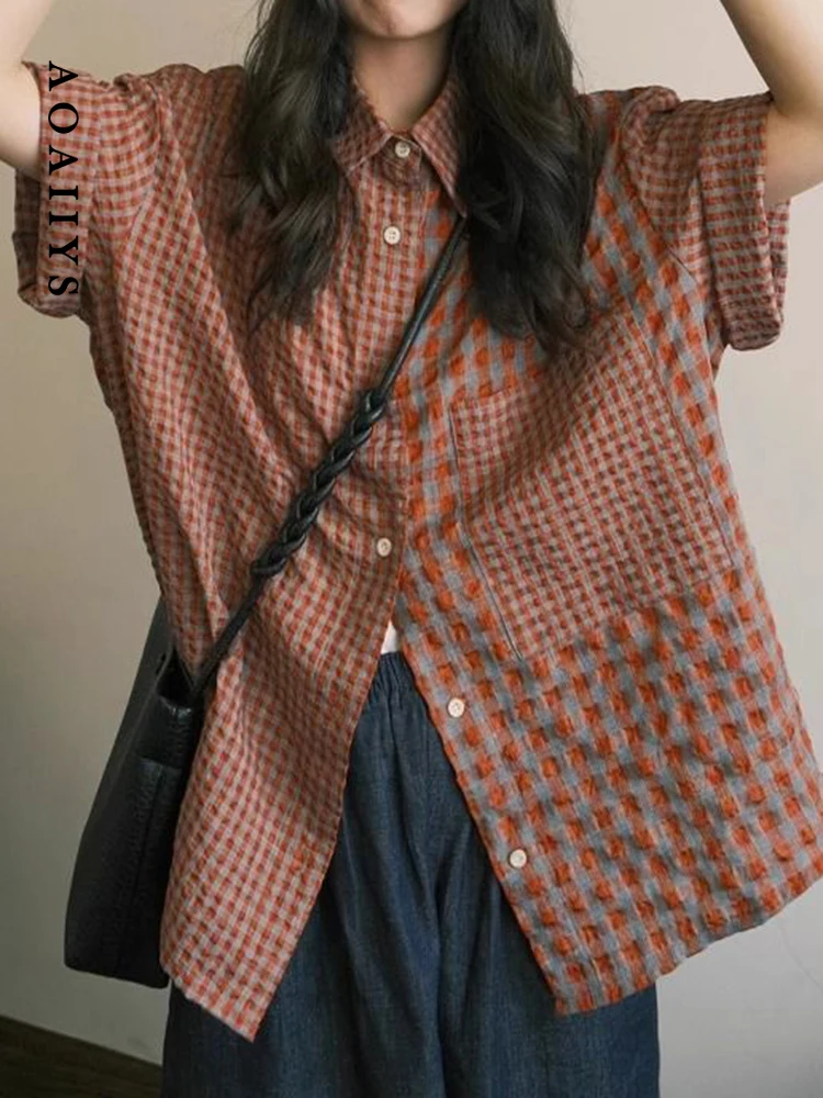 Aoaiiys Japanese Blouse Women Plaid Vintage Turn-down Collar Tops Casual Loose Short Sleeve Shirts 2026 Summer New Fashion Shirt