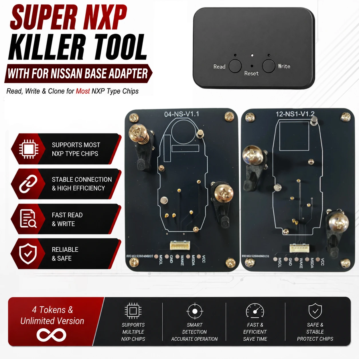 For Nissan Key All NXP-Chip Smart Keys Clones 4 Tokens & Unlimited Version Super NXP Killer Read Copy Device With Adapter Base