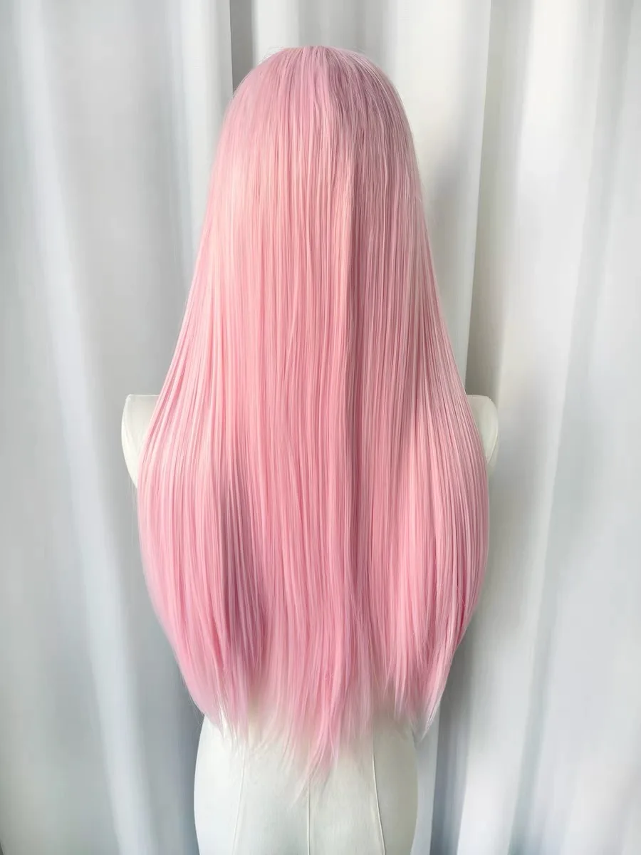 Long Straight Synthetic Lace Wigs Sakura Pink Glueless Synthetic Heat Resistant Fiber for Women 150% Density Cosplay Daily Use