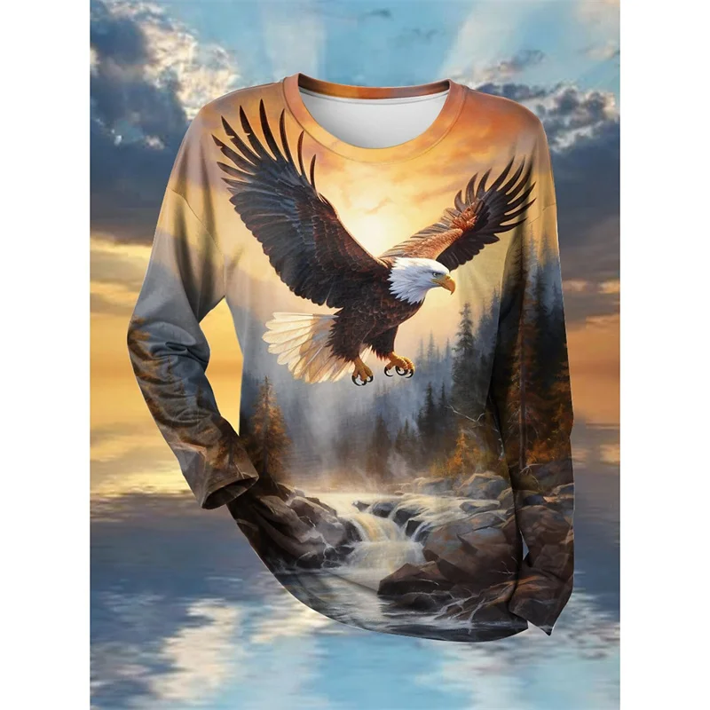 Cat Eagle Turtle Pattern T-Shirt For Men Starlit Sky 3D Printed T Shirts Autumn Casual Long Sleeves Loose Round Neck Tops Tees