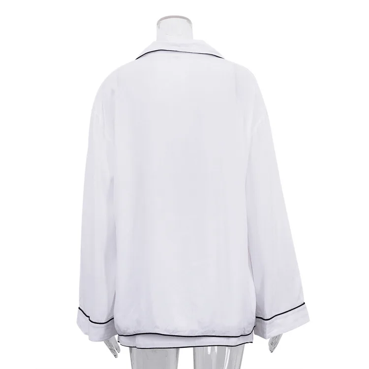 Fashion White Loose 2 Piece Sets Woman Outfit Elegant Long Sleeve Pockets Button Shirts + Patchwork Drawstring Shorts Set
